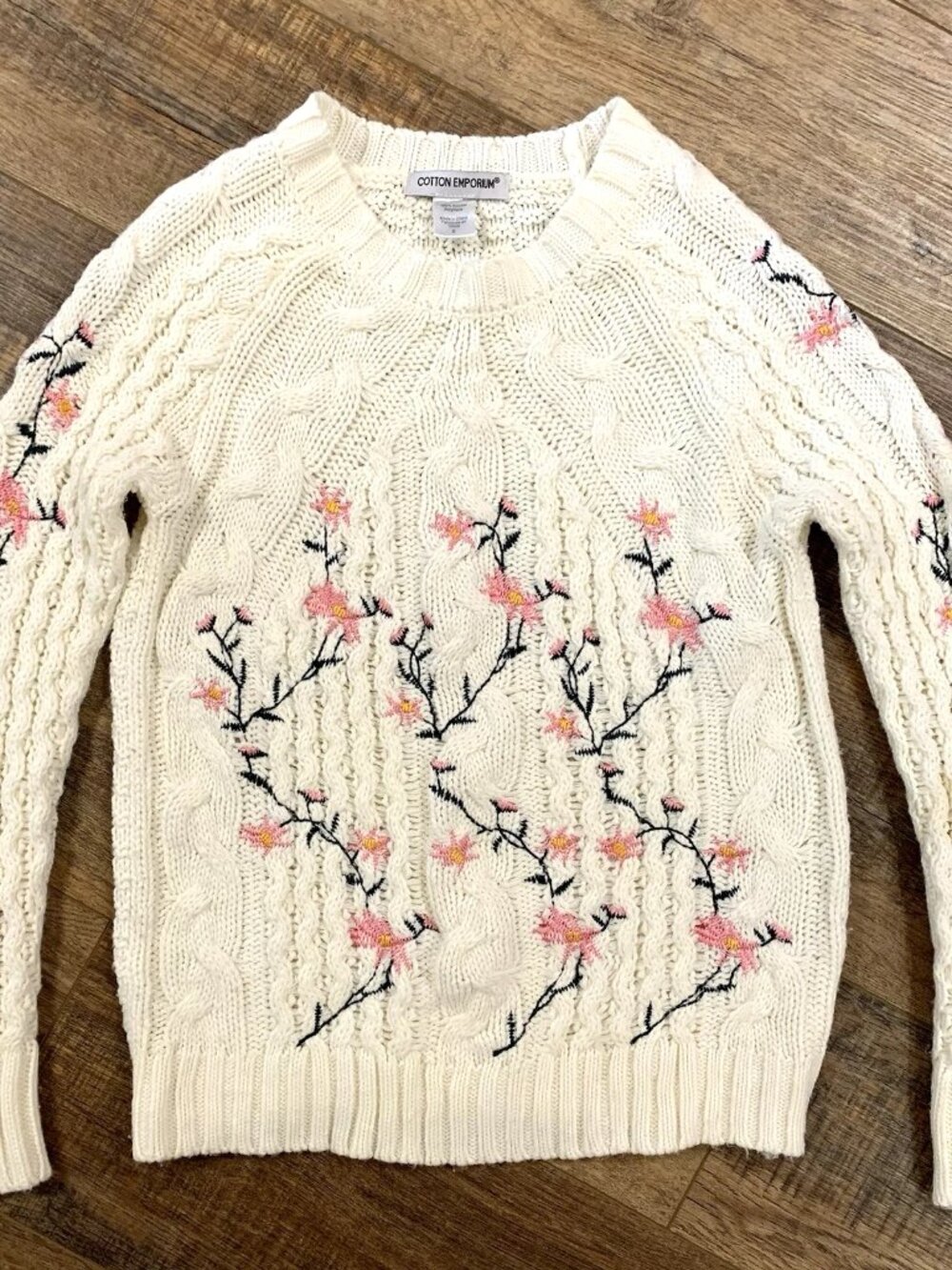 Y2K Floral Embroidered Cottagecore SWEATER Women Small Pink Knit Cotton Emporium
